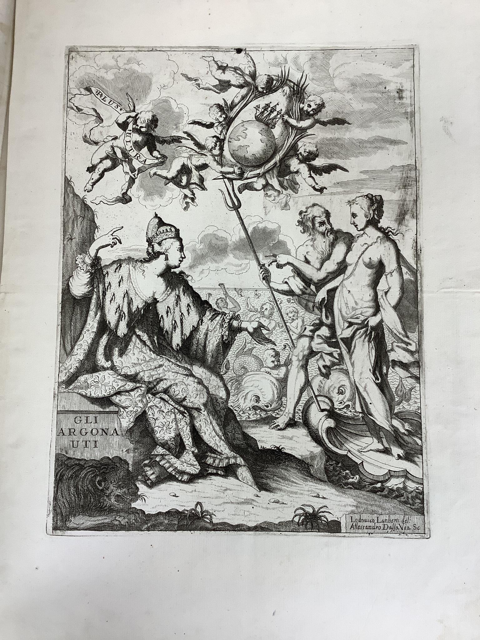 A folio of 18th/19th century maps and scientific engravings, including an engraving after Ludovico Lanberti, a map of the World plotting Bourgainvilles voyage of 1772